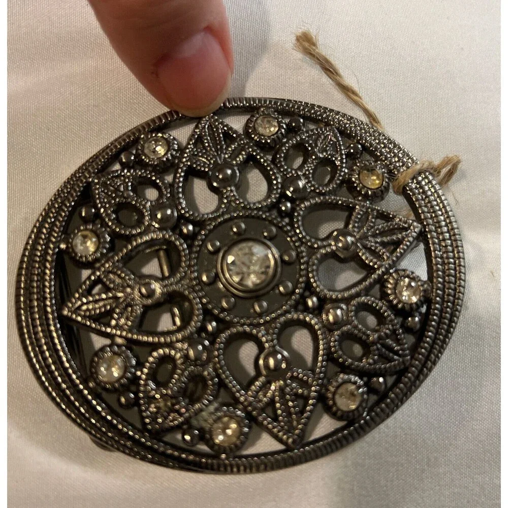 Vintage Belt Buckle Hearts Silver tone Oval Clear Crystal Ctr & Lt Yellow Jewel